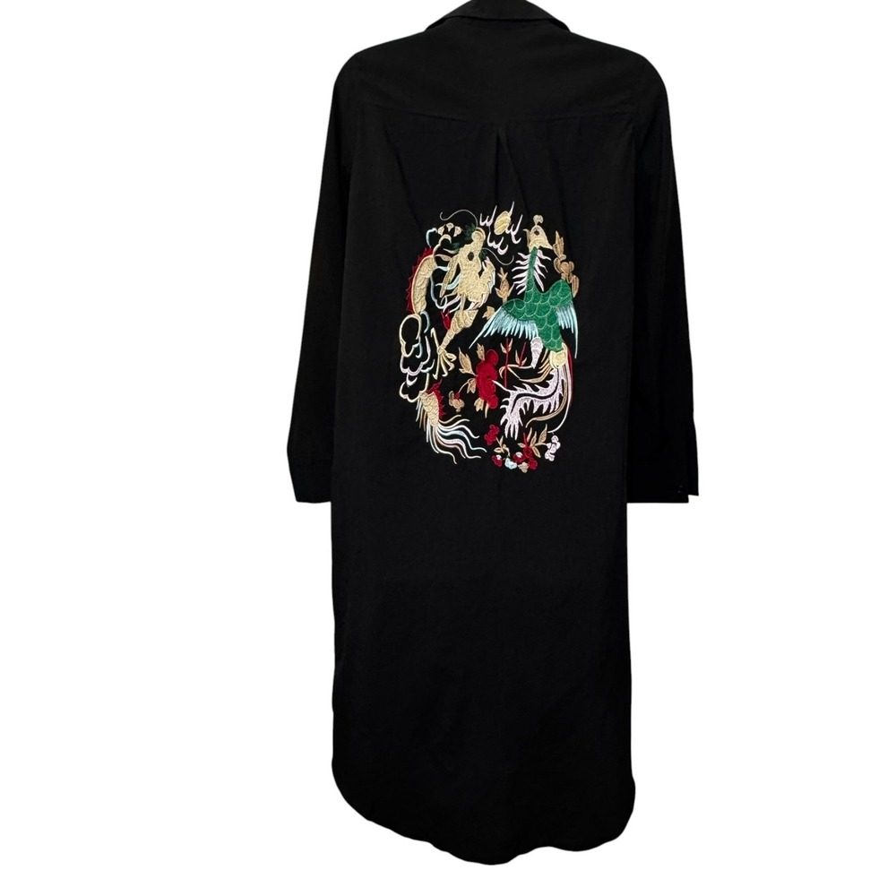 SOLUTION Black‎ Asian Embroidered  Tunic Shirt Dress Side Slit Longline Size S